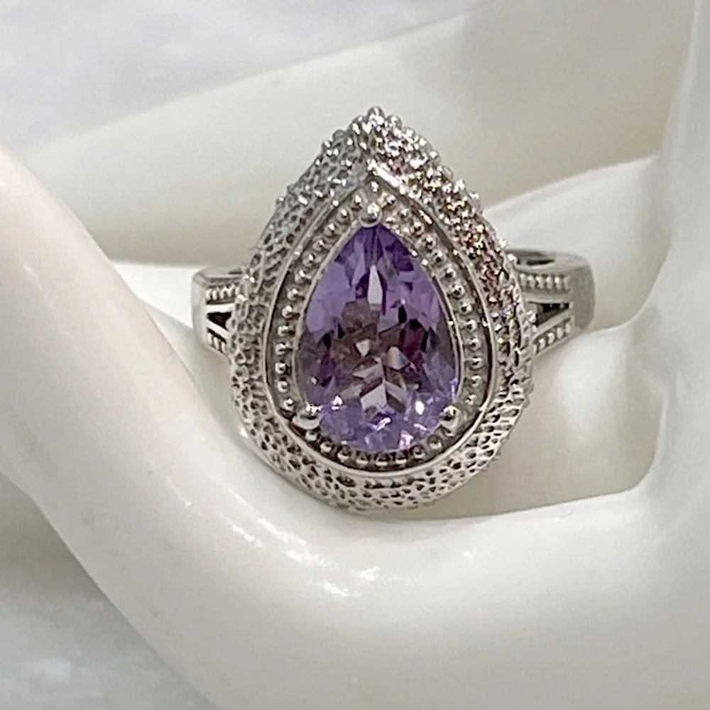 Rose de France Amethyst Pear Shaped Sterling Silver Ring Sz 8